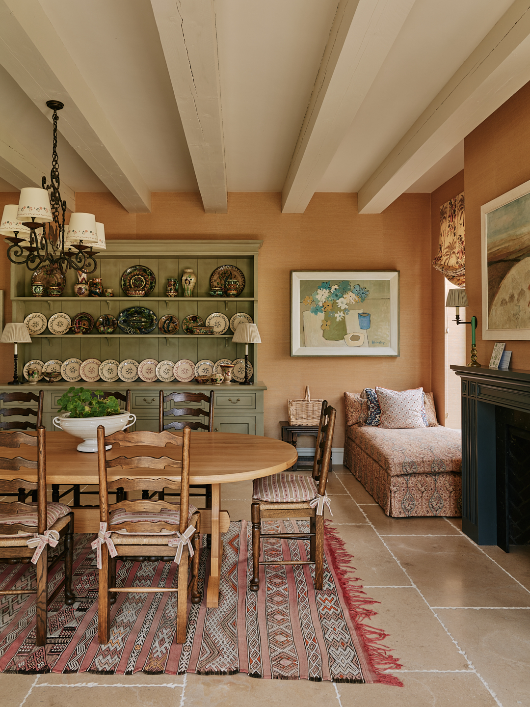 The traditional english country house interiors designed by Salvesen Graham. Lots of soft hues, rugs, and an eclectic style