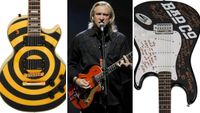 Joe Walsh plays his orange Duesenberg live onstage with the Eagles. On the left, his stage-played Zakk Wylde Epiphone Les Paul. On the right, a signed Bad Company Squier Strat. All three guitars just fetched huge sums at auction.
