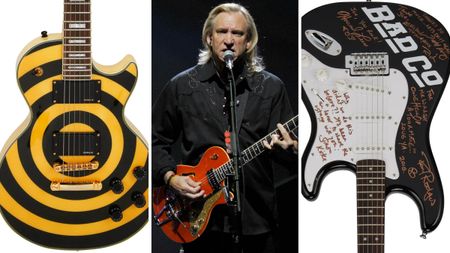 Joe Walsh plays his orange Duesenberg live onstage with the Eagles. On the left, his stage-played Zakk Wylde Epiphone Les Paul. On the right, a signed Bad Company Squier Strat. All three guitars just fetched huge sums at auction.