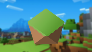 The PolyMC project logo overlayed atop a blurred piece of official Minecraft artwork.