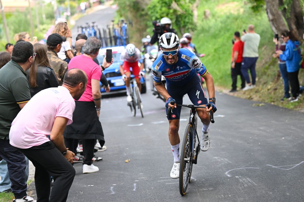FANO ITALY MAY 16 Julian Alaphilippe of France and Team Soudal QuickStep attacks in the breakaway during the 107th Giro dItalia 2024 Stage 12 a 193km stage from Martinsicuro to Fano UCIWT on May 16 2024 in Fano Italy Photo by Tim de WaeleGetty Images