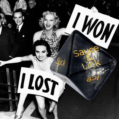 collage of dice with vintage photo of women holding signs that say "I won" and "I lost"