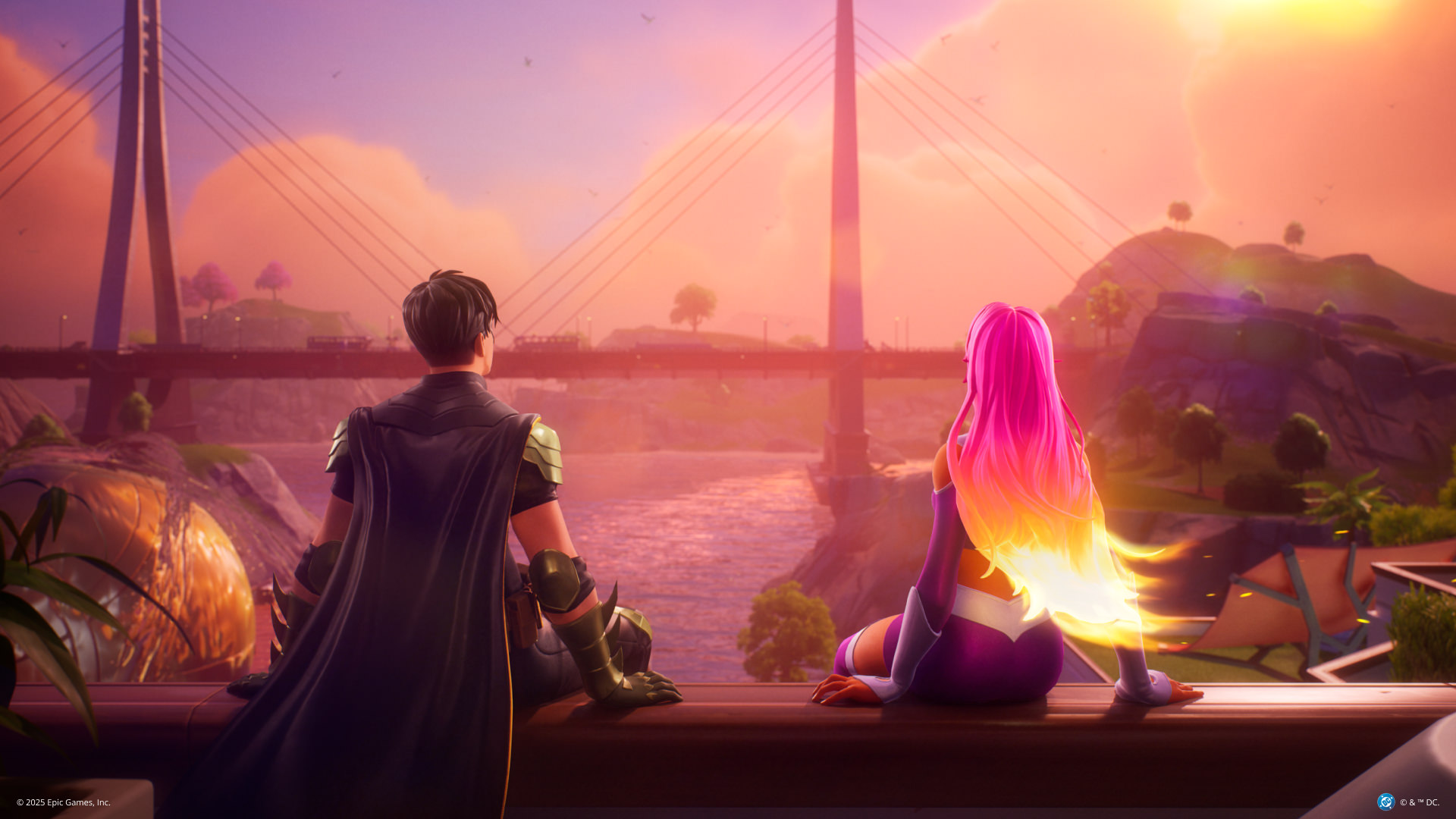 Robin sat next to a woman with pink and gold hair, watching the sun set over a suspension bridge