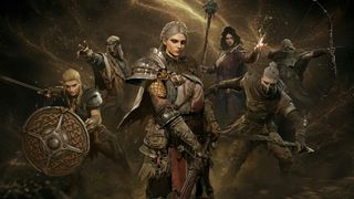Artwork of the Mistfall Hunter character classes standing against a sandy, gold background