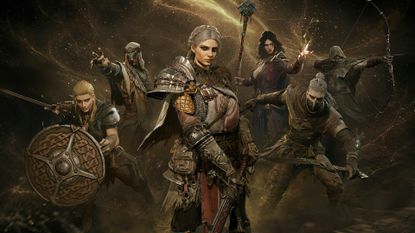 Artwork of the Mistfall Hunter character classes standing against a sandy, gold background