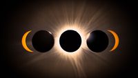 a series of eclipse images from partial eclipse to totality and then back to partial. 