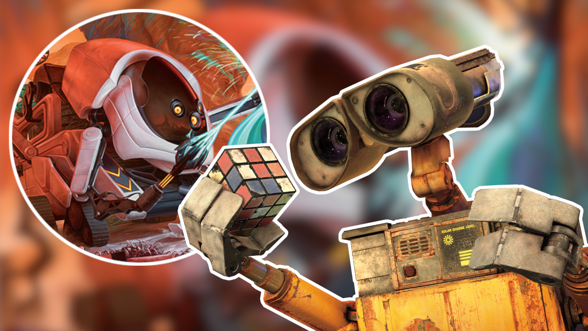 Wall-E holds a Rubik&#039;s Cube beside an image of a robot with three yellow eyes firing a laser