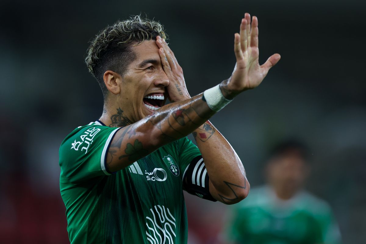 Roberto Firmino celebrates after scoring for Al-Ahli against Damac in May 2024.