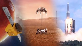Left: An illustration shows the United Arab Emirates orbiter "Hope." Center: An illustration shows the skycrane lowering NASA's rover Perserverance to the Martian surface. Right: A still shows a Chinese Long March 5 rocket hefting Tianwen-1 into space.
