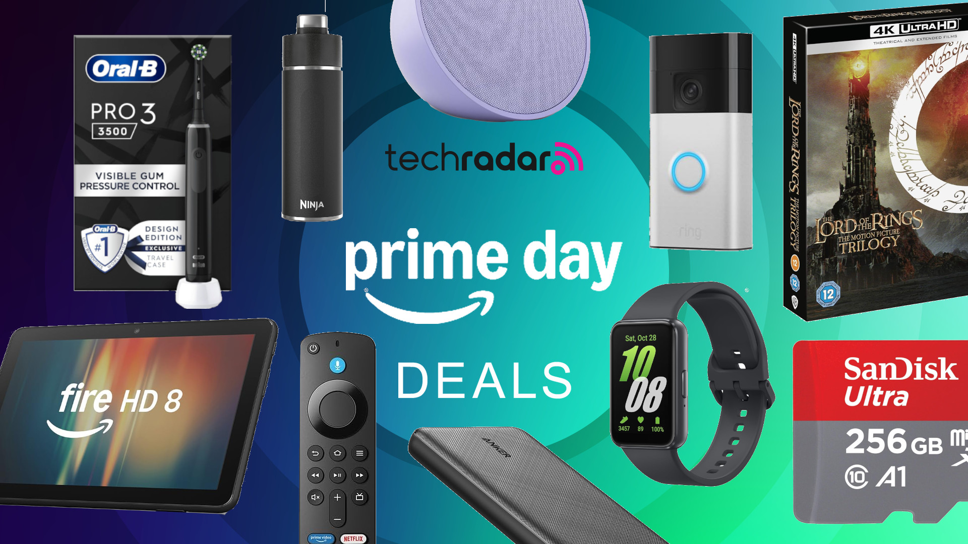 Collage of under £50 tech from the Amazon Prime Day sale, including Amazon Devices, 4k Blurays, electric toothbrushes, Samsung smartwatches and Anker power banks