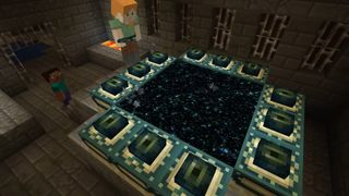 Minecraft screenshot showing a character activating an End portal