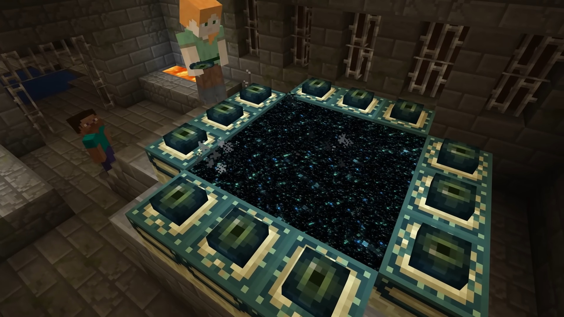 Minecraft screenshot showing a character activating an End portal