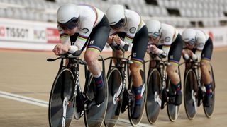 Great Britain Women's Team Pursuit cycle all in a line at the UCI Track World Championships 2024.