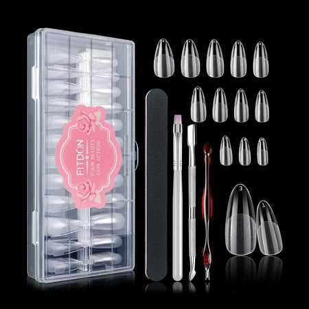Fitdon 240pcs Stiletto False Nail Tips, Clear Medium Almond Acrylic Nail Tips Full Cover Artificial Fake Nails