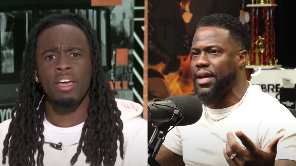 Still of Kai Cenat debating on First Take, next to a still of Kevin Hart explaining something.