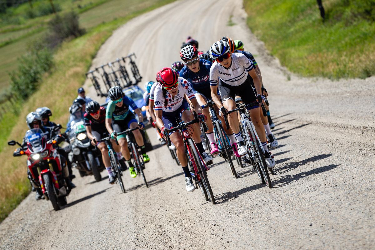 The front group on the way to the second QOM of the day on stage 1 of the Colorado Classic on August 22, 2019 in Steamboat Springs, Colorado.