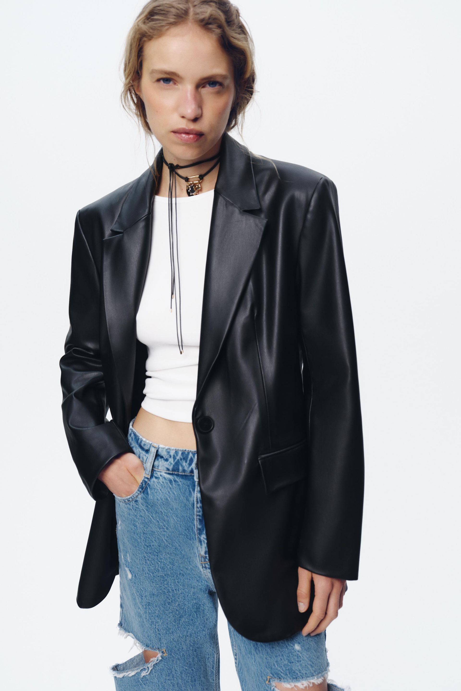 Straight Fit Faux Leather Blazer