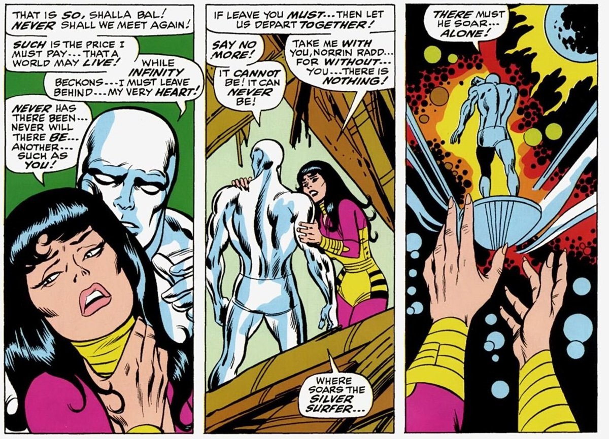 a comic book panel of a silver-skinned superhero and a woman