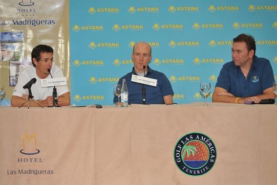 Andreas Kl&ouml;den and Levi Leipheimer answer questions with Johan Bruyneel looking on.