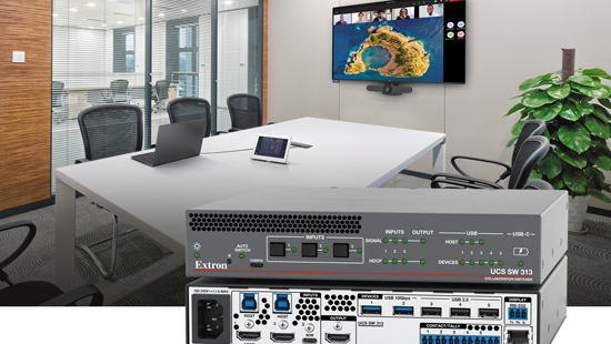 The new Extron presentation switcher superimposed in front of an empty conference room. 