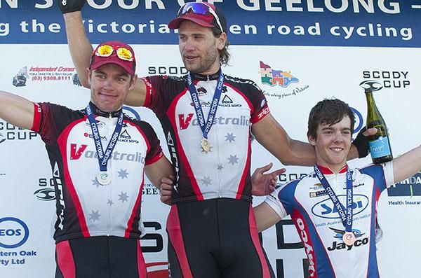 The final stage podium (l-r): Scott Law (2nd,V Australia), Ben Kersten (1st,V Australia), and Jack Beckinsale (3rd,Team SASI).