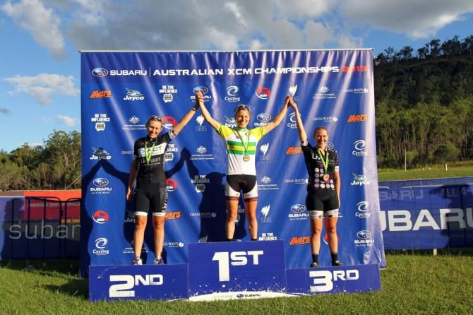 Women's Australian marathon championships podium: Terri Rhodes, Jenni King, Sarah Riley