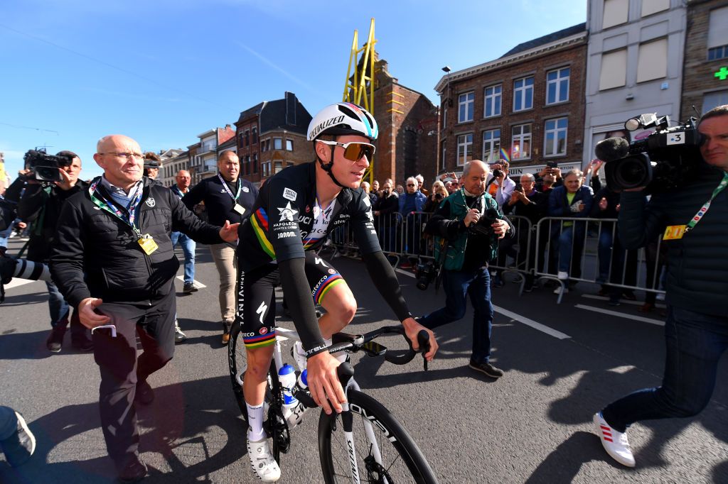 BINCHE BELGIUM OCTOBER 04 Remco Evenepoel of Belgium and Team QuickStep Alpha Vinyl prior to the 35th Binche Chimay Binche Memorial Frank Vandenbroucke 2022 a 1986km one day race from Binche to Binche BincheChimayBinche on October 04 2022 in Binche Belgium Photo by Luc ClaessenGetty Images