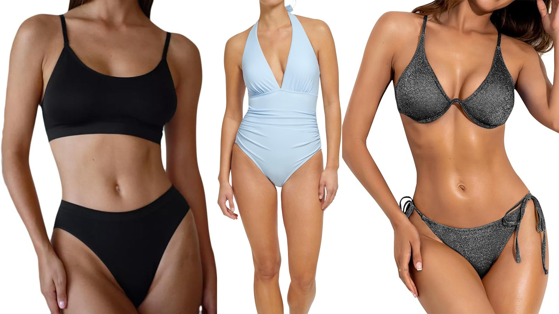 models are wearing a intimates set, another is wearing a shimmery gray two-piece, and the one-pieces is blue and the model is posing