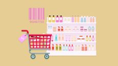 Illustration of shopping cart and shelf with pastel-colored products