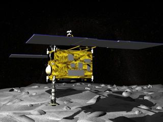 Artist’s concept of Japan’s Hayabusa spacecraft landing on Itokawa asteroid.