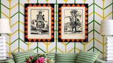 Vintage artwork on a green and yellow wallpaper