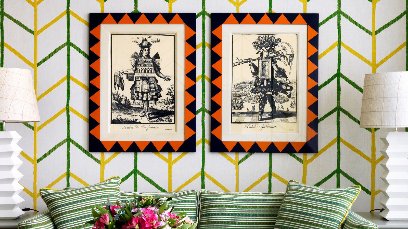 Vintage artwork on a green and yellow wallpaper