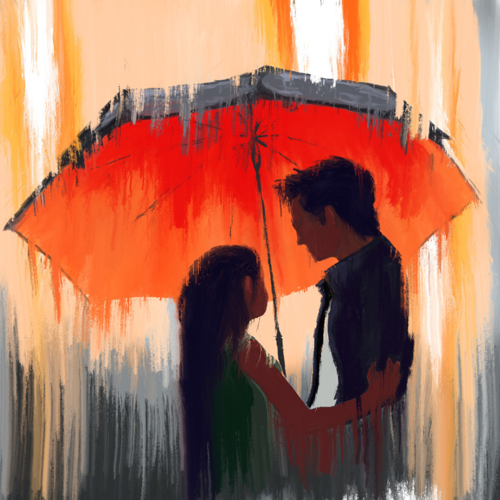 Couple under umbrella in rain, drawn in Artstudio Pro with the Adonit Note+ 2 stylus