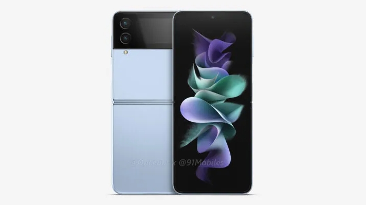 An unofficial render showing the Samsung Galaxy Z Flip 4 in a blue shade