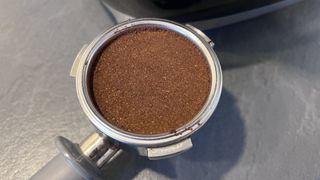 Coffee grounds in portafilter from espresso machine