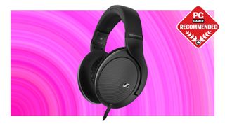 A pair of Sennheiser HD 550 audiophile headphones on a pink background