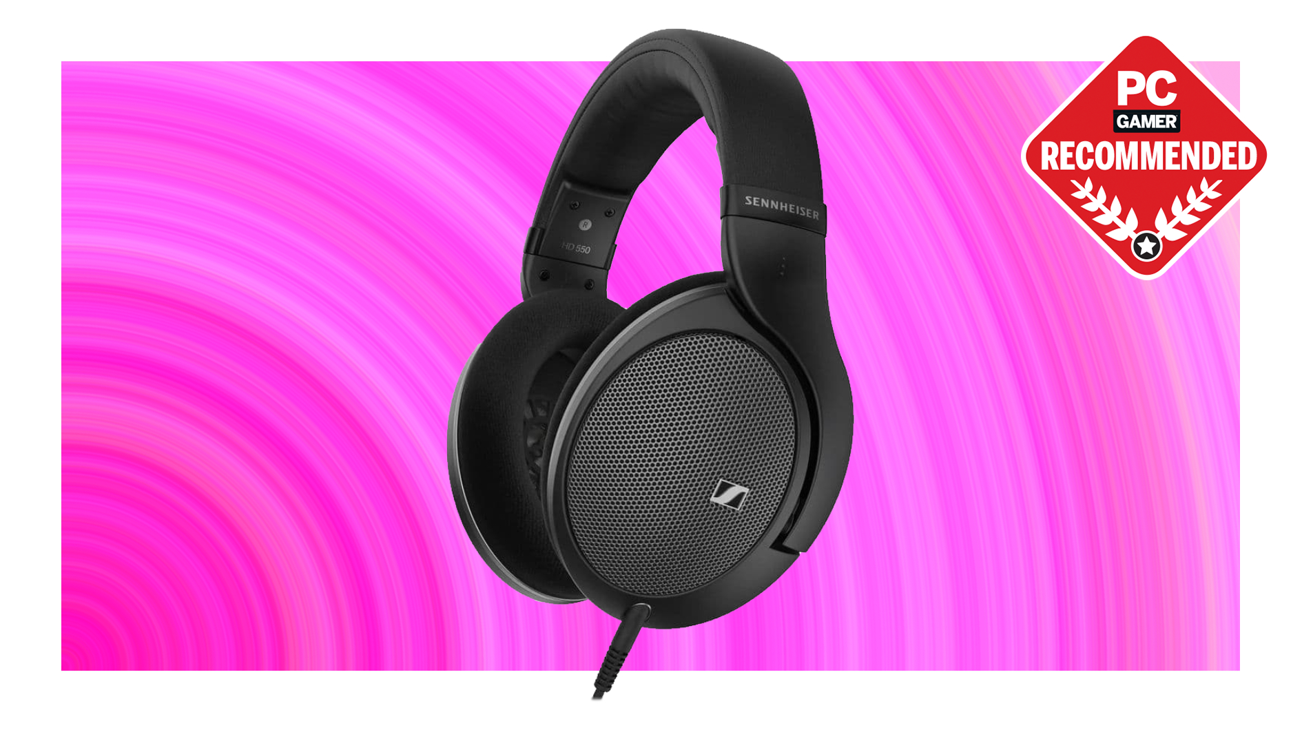 A pair of Sennheiser HD 550 audiophile headphones on a pink background