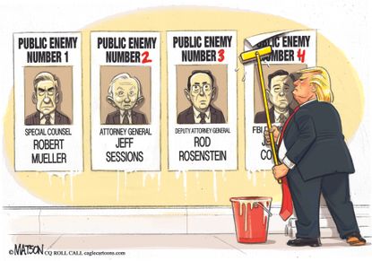 Political cartoon U.S. Trump Comey interview public enemies Mueller Sessions Rosenstein
