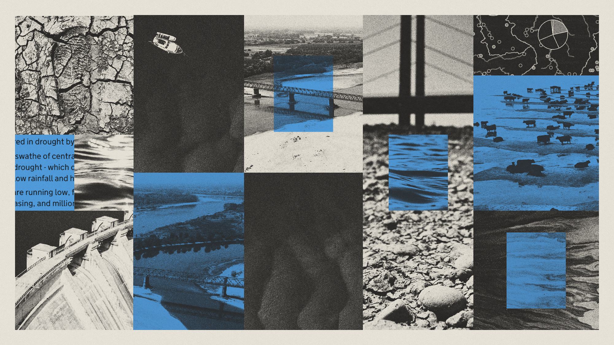 Photo collage illustration of drought-struck rivers in Europe, including dry riverbeds, a hydroelectric plant, algae blooms and livestock