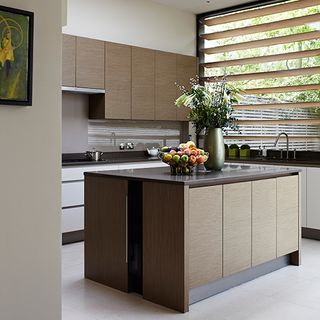 contemporary kitchen with wooden cabinet and wooden window louvre