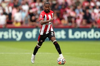 Rico Henry of Brentford during the Premier League match between Brentford FC and Tottenham Hotspur at Gtech Community Stadium on August 13, 2023 in Brentford, England. (Photo by Mark Leech/Offside/Offside via Getty Images)