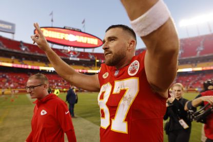 ight end Travis Kelce #87 of the Kansas City Chiefs stands on the field while warming up before a game against the Denver Broncos at Empower Field at Mile High on October 29, 2023 in Denver, Colorado
