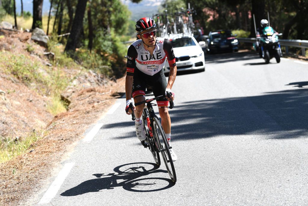 EL BARRACO SPAIN AUGUST 29 Rafal Majka of Poland and UAE Team Emirates attacks in breakaway during the 76th Tour of Spain 2021 Stage 15 a 1975km km stage from Navalmoral de la Mata to El Barraco lavuelta LaVuelta21 on August 29 2021 in El Barraco Spain Photo by Tim de WaeleGetty Images