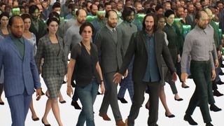 Neo and Trinity walking with a multiplicity of matrix characters.