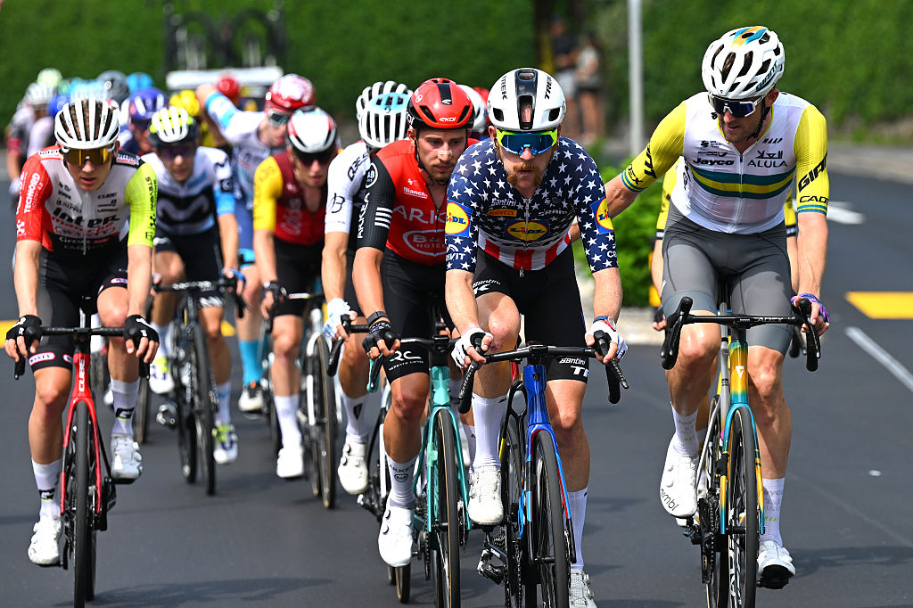 KUSNACHT, SWITZERLAND - JUNE 15: (L-R) Luke Durbridge of Australia and Team Jayco AlUla and Quinn Simmons of United States and Team Lidl - Trek compete in the chase group during the 88th Tour de Suisse, Stage 1 a 129.4km at stage from Kusnacht to Kusnacht / #UCIWT / on June 15, 2025 in Kusnacht, Switzerland. (Photo by Tim de Waele/Getty Images)