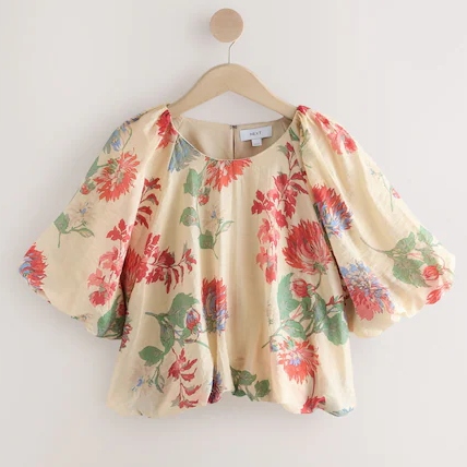 Next Ecru Floral Puffed Sleeve Blouse