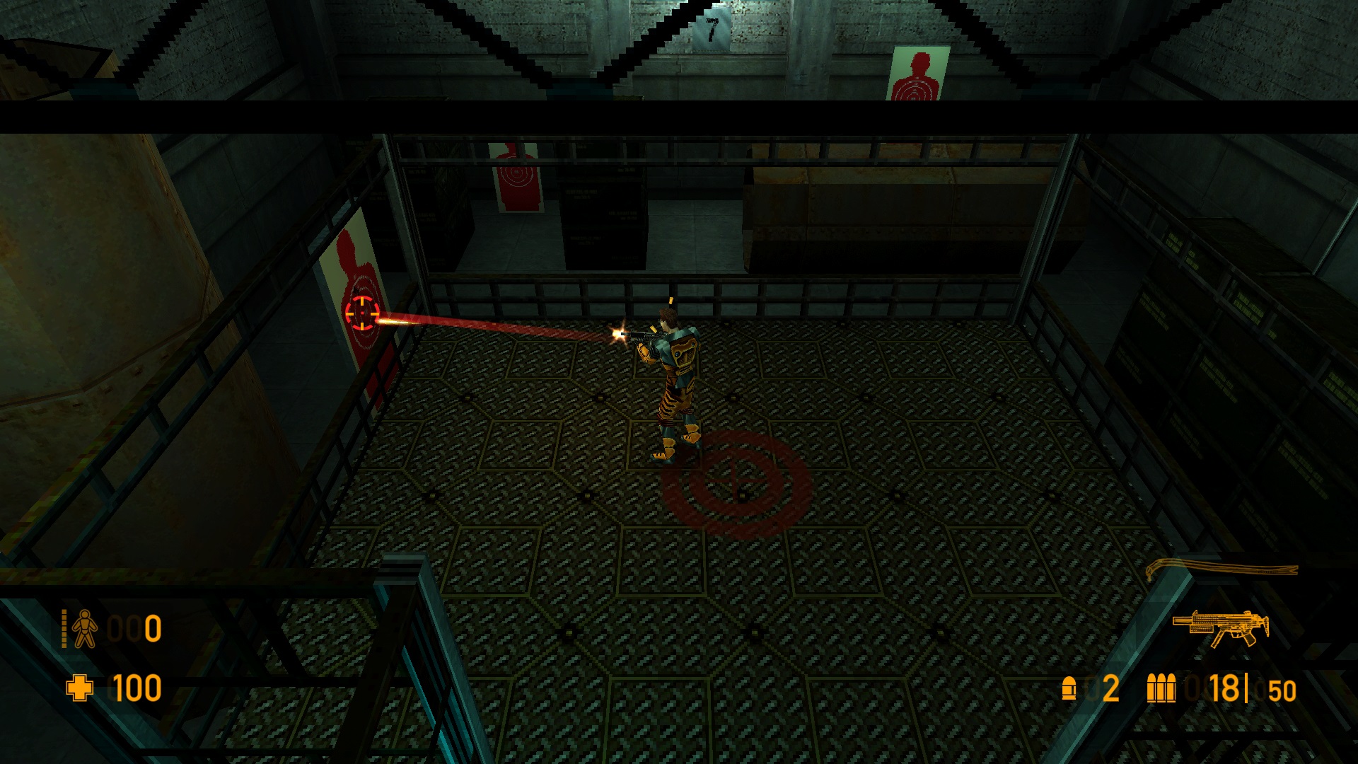 Top down view Gordon Freeman aiming to left at a target with laser pointer indicating his direction.