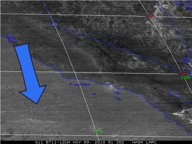 The &#039;mystery&#039; contrail is visible as a horizontal white streak in the middle of the lower left quadrant of this image, captured by the Geostationary Operational Environmental Satellite 11.