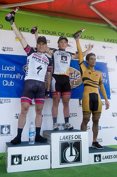 The stage six podium (l-r): Gordon McCauley (2nd,AAL Hyster-Rush Racing), Alexander Ray (1st,Lakes Oil.N.L) and Harrif Saleh (3rd,Malaysian National Team).