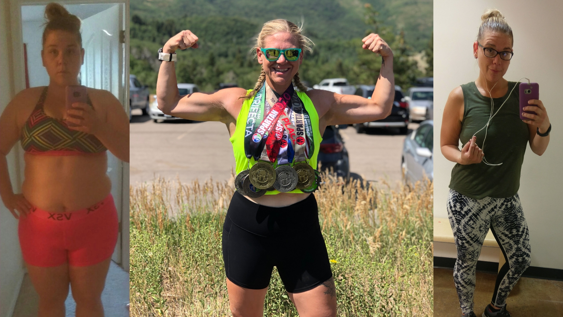 Three photos of the same woman side by side. In the middle photo she is wearing multiple medals around her neck and flexing her biceps while smiling